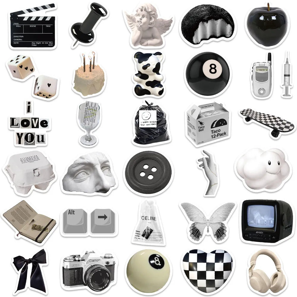 61 black and white waterproof vinyl stickers with coffee and tea cup designs for laptops and phones