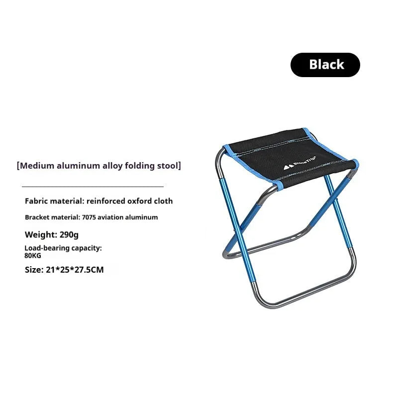 Black ethnic style aluminium alloy folding camp stool shown folded and unfolded.