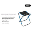 Black ethnic style aluminium alloy folding camp stool shown folded and unfolded.