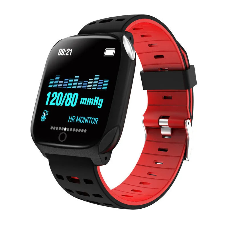 F16 smart watch with ECG monitor on wrist, showing black green silicone band and 43mm IPS display.