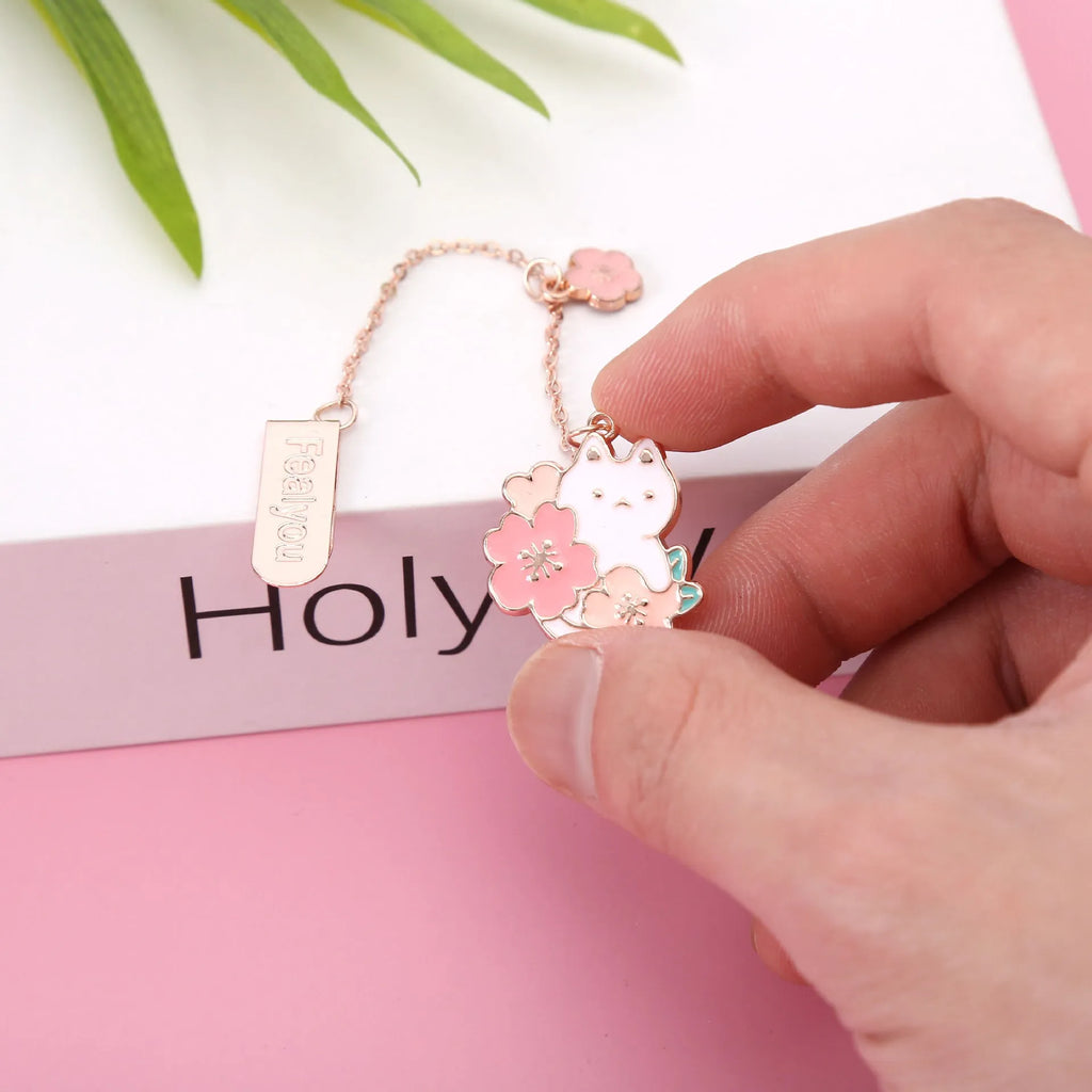 Cute cartoon metal pendant bookmark with cherry cat and sakura bunny designs