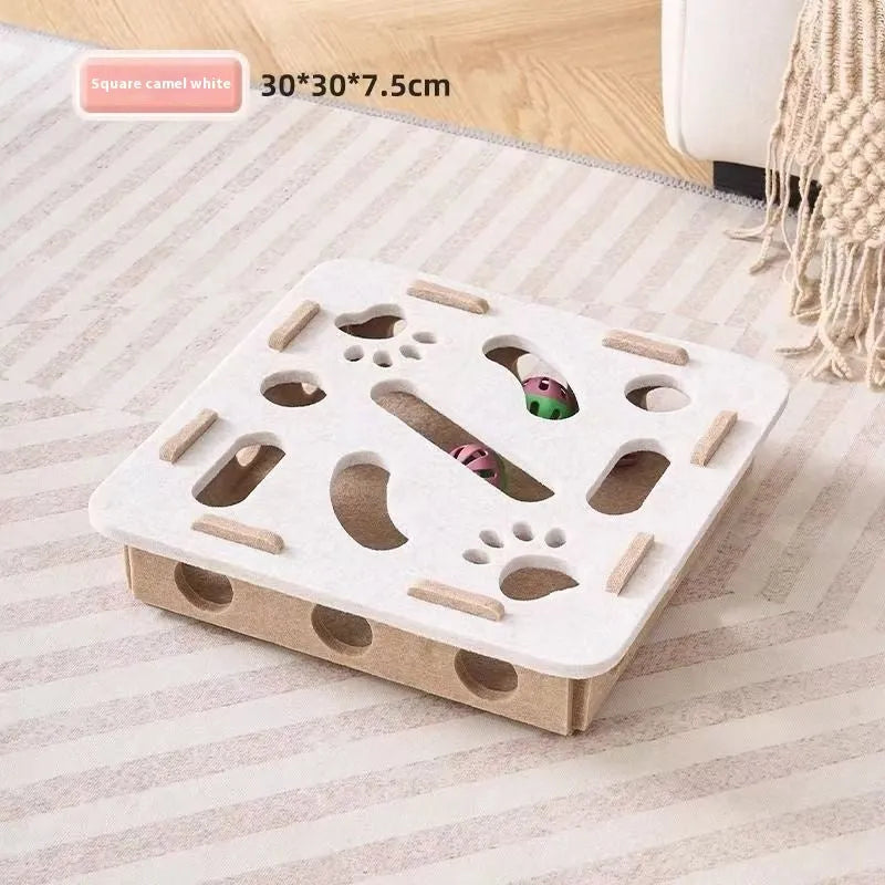 Green brown felt cat toy box with a hole for scratching and interactive play