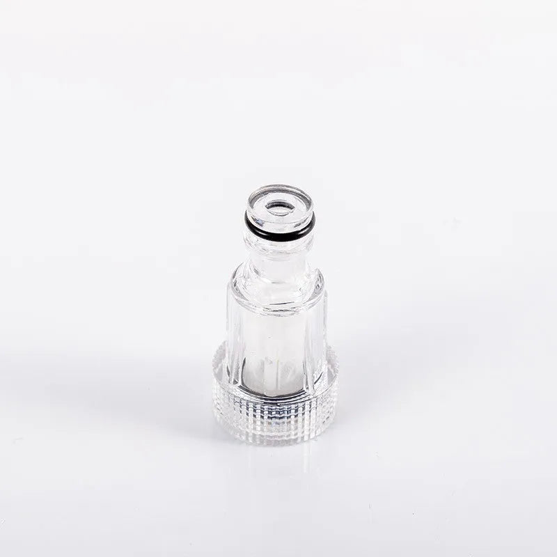 Transparent plastic water inlet joint with filter screen for Karcher K2 to K7 series pressure washers.
