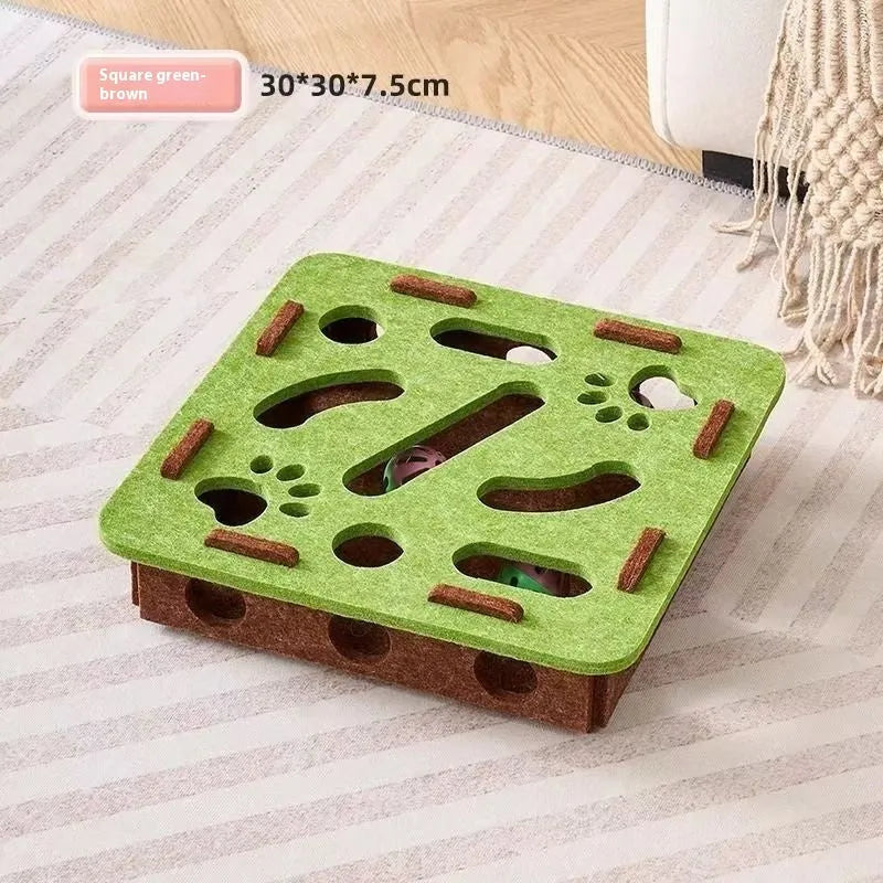 Green brown felt cat toy box with a hole for scratching and interactive play