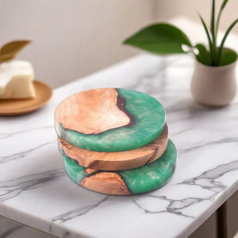 Nordic style wooden coaster for kung fu tea with resin splicing construction