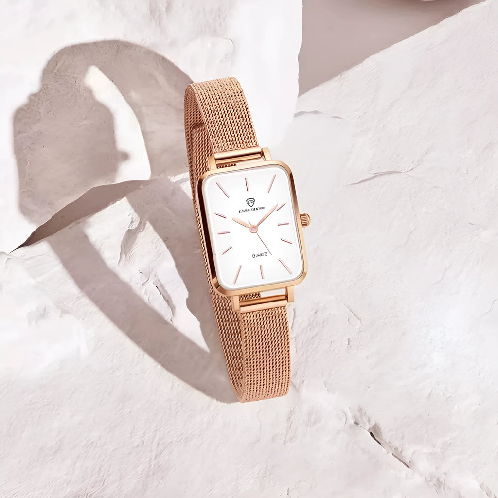 Women's waterproof quartz watch with woven steel strap in rose gold or silver colour