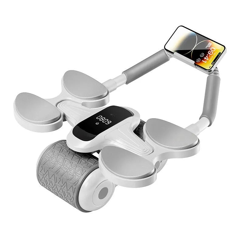 White fitness roller with LCD screen for belly contracting and calorie counting workouts