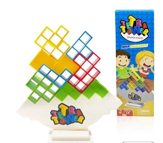 Plastic balance stacking game with 16 coloured building blocks on chassis