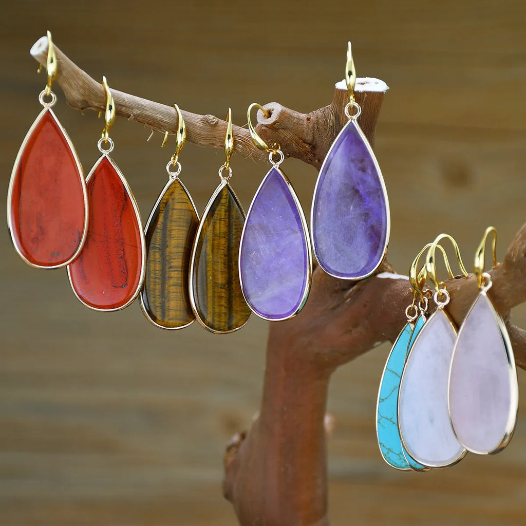 Vintage long water drop stone earrings in five natural colours including pink crystal and amethyst