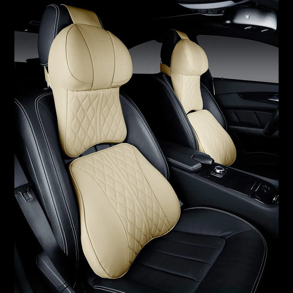 Car neck pillow and lumbar support set with leather embroidery wavy pattern in beige colour