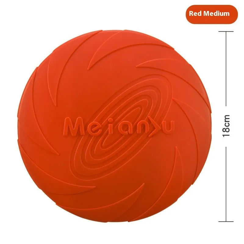 Soft rubber dog frisbee toy in blue, green, or red, shown in small, medium, and large sizes.