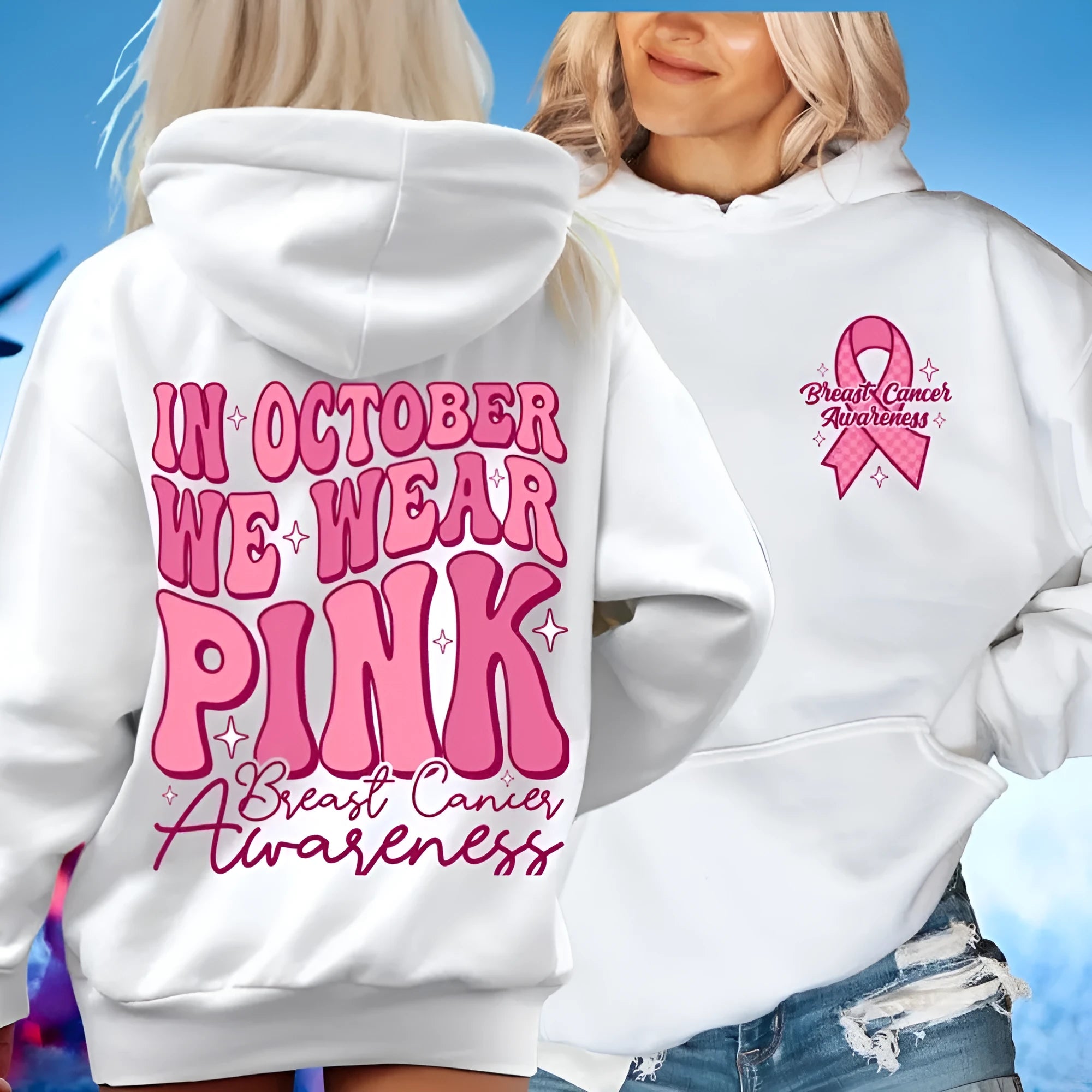 Pink Breast Cancer Awareness pullover hoodie with art retro design and side seam pocket.