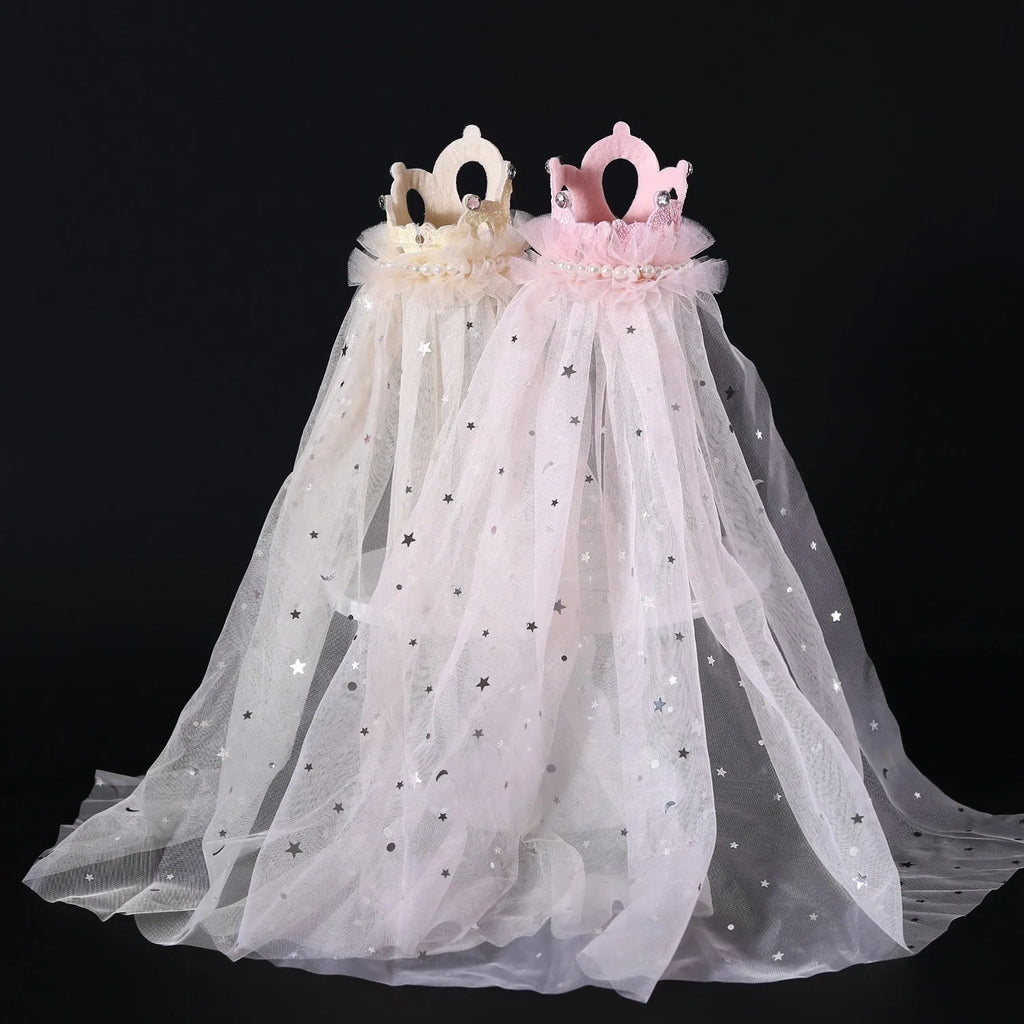 Princess-style cat wedding crown headdress with veil in beige and pink colour options