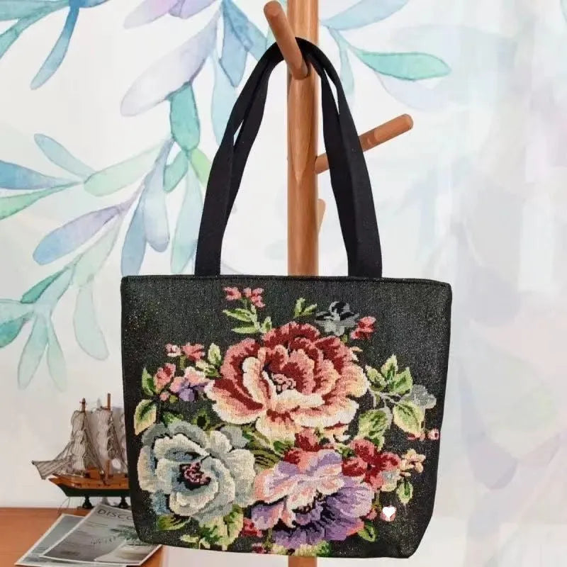 Double-sided gold wire embroidered canvas tote bag showing front and back design, available in multiple sizes and colours.