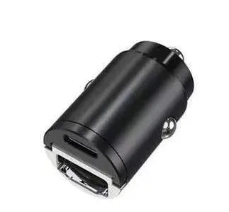 Black car cigarette lighter charger with dual USB ports and voltage display measuring 45x20.7mm