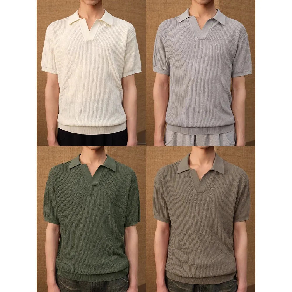 Men's striped collar polo shirt in ice silk fabric available in creamy white, black, and grey colours