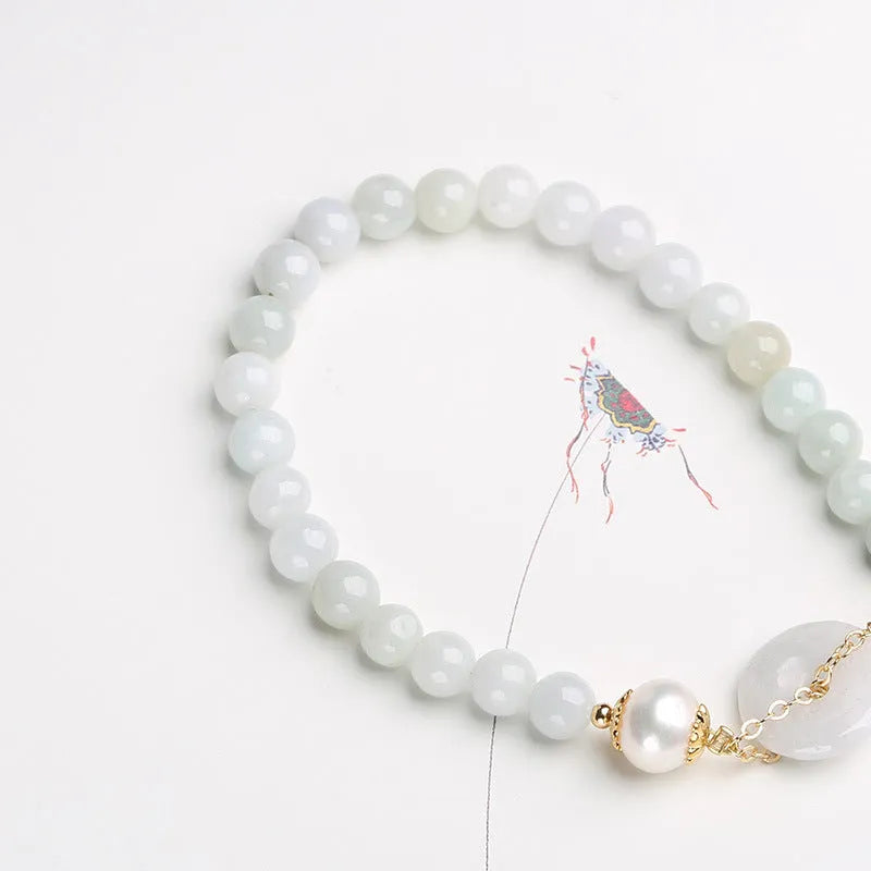 Natural emerald jade peace buckle pearl bracelet with geometric shapes and national style design