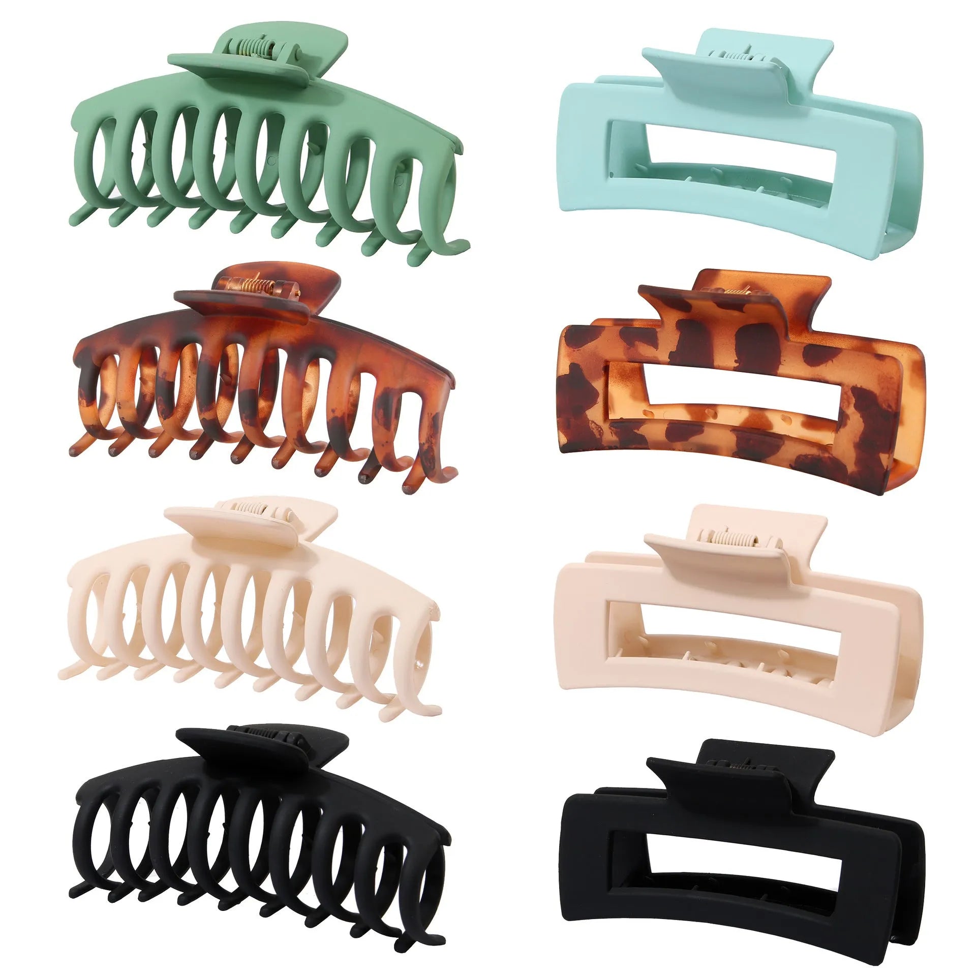 Six rose red plastic hair clips with frosted grip and pointed toe design