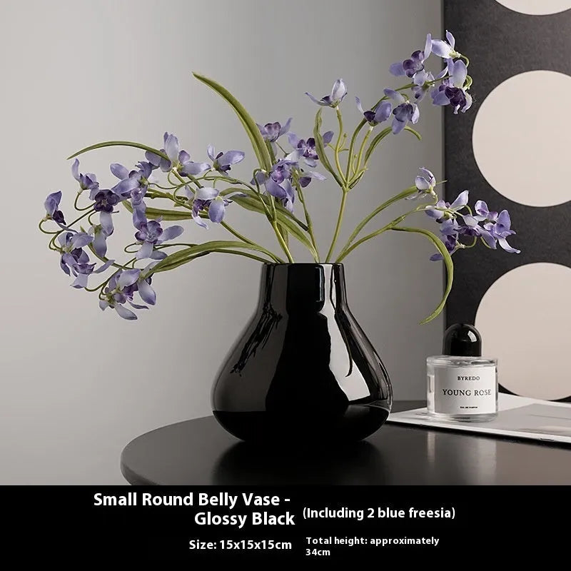 Ceramic round belly decorative vase with coloured glaze finish in black colour option