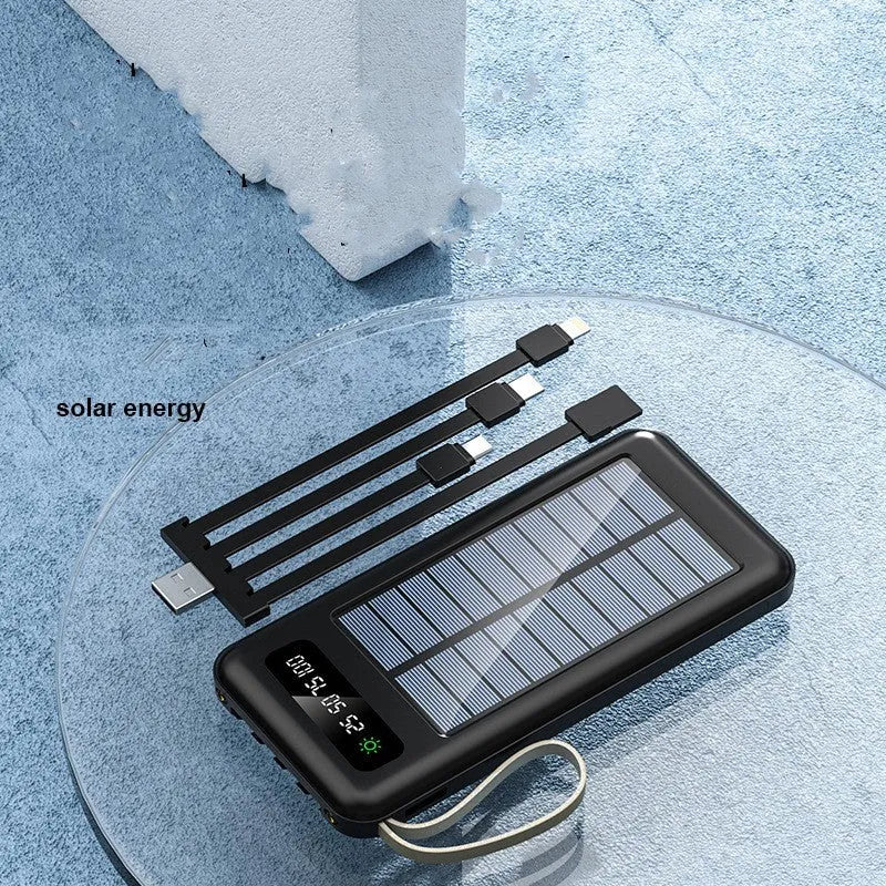 Solar power bank in black or white with solar panel, showing 20000mA or 30000mA capacity.