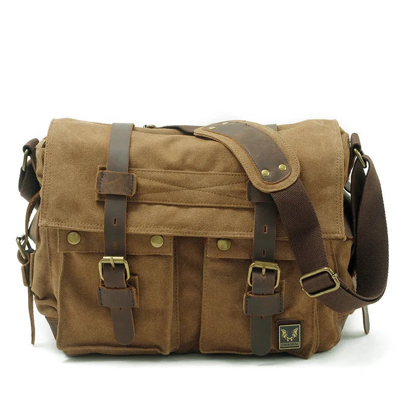 Men's Army Green canvas crossbody shoulder bag with cowhide details and a postman flap.