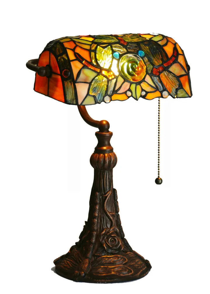 10-inch Tiffany stained glass table lamp with coloured shade on resin base