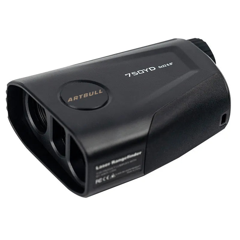 Rechargeable golf laser rangefinder distance meter showing LCD display with yard measurement