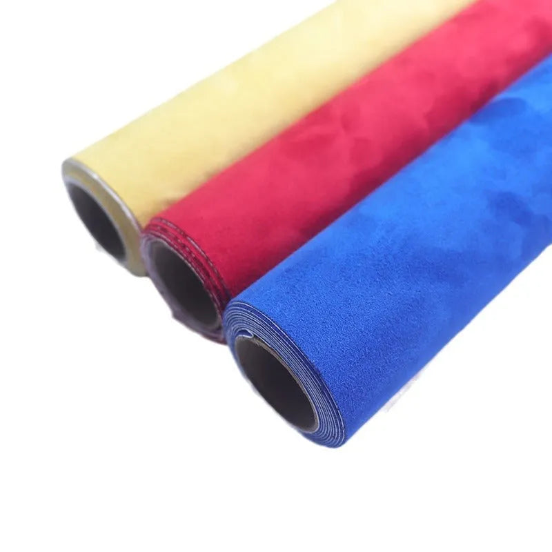 Self-adhesive leather suede fabric sheet in multiple colour swatches showing BMW Brown, Black, and Red.