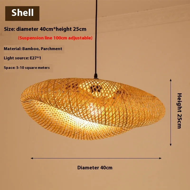 Chinese bamboo chandelier lamp with 40cm natural shell shade for tea room lighting