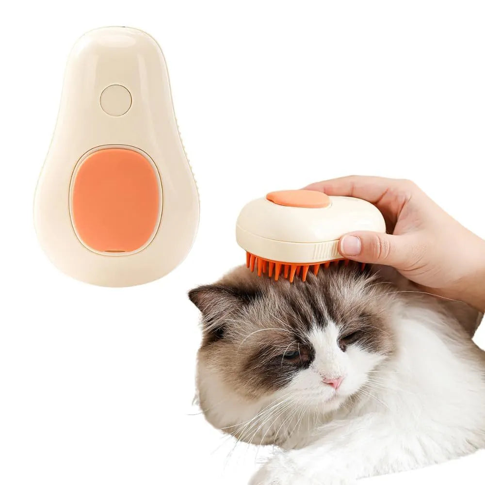 Green and white rechargeable cat steam brush with soft silicone teeth on a wooden table