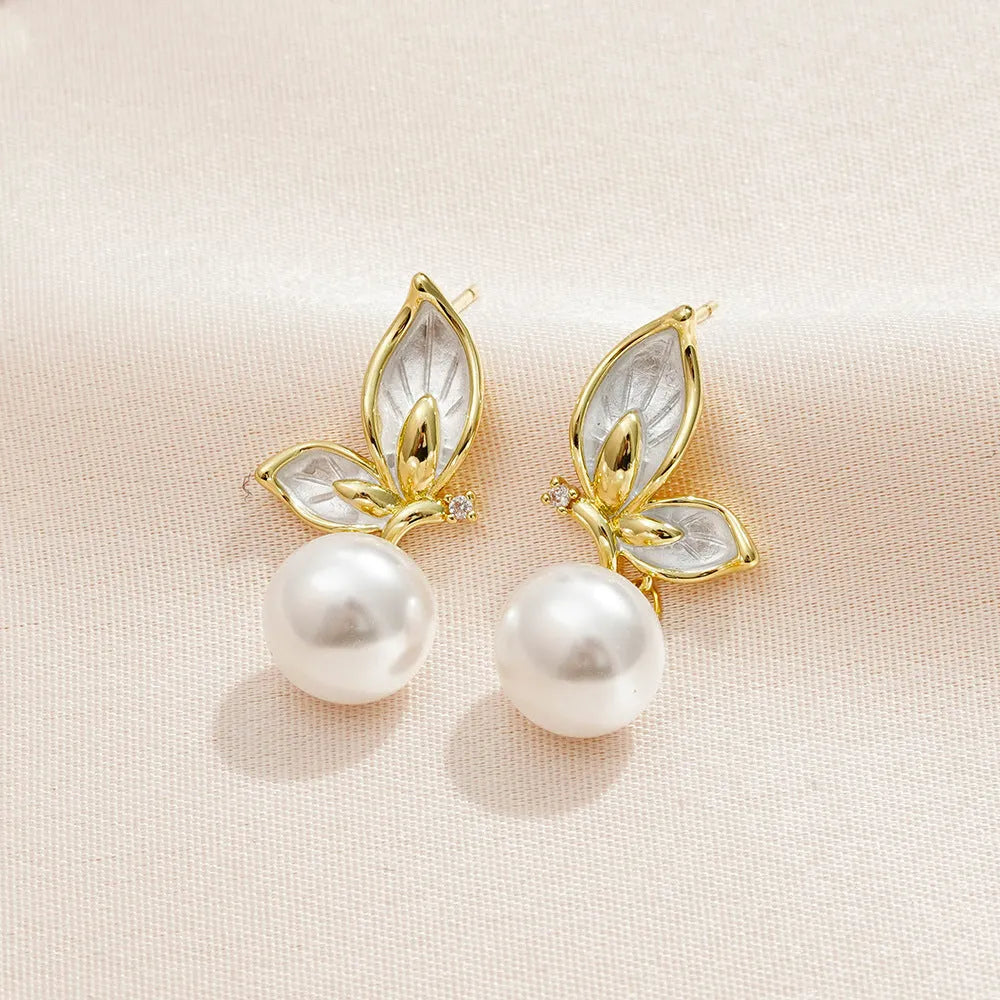 Gold tone butterfly earrings with zircon painting on copper for women
