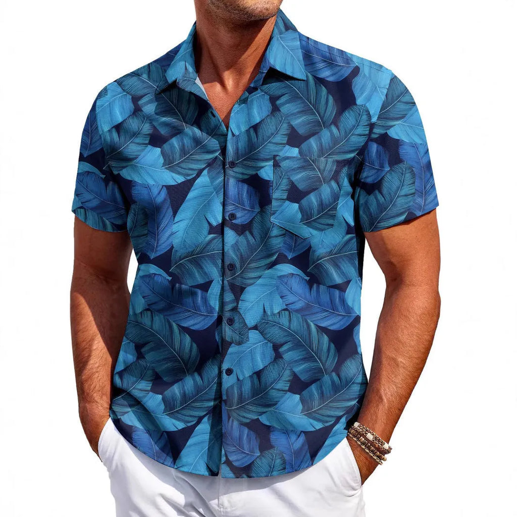 Men's slim fit short sleeve summer shirt in four-sided elastic polyester fabric