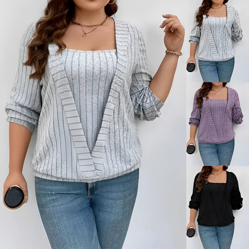 Women's solid colour V-neck false two-piece suit top with long sleeves in loose fit.