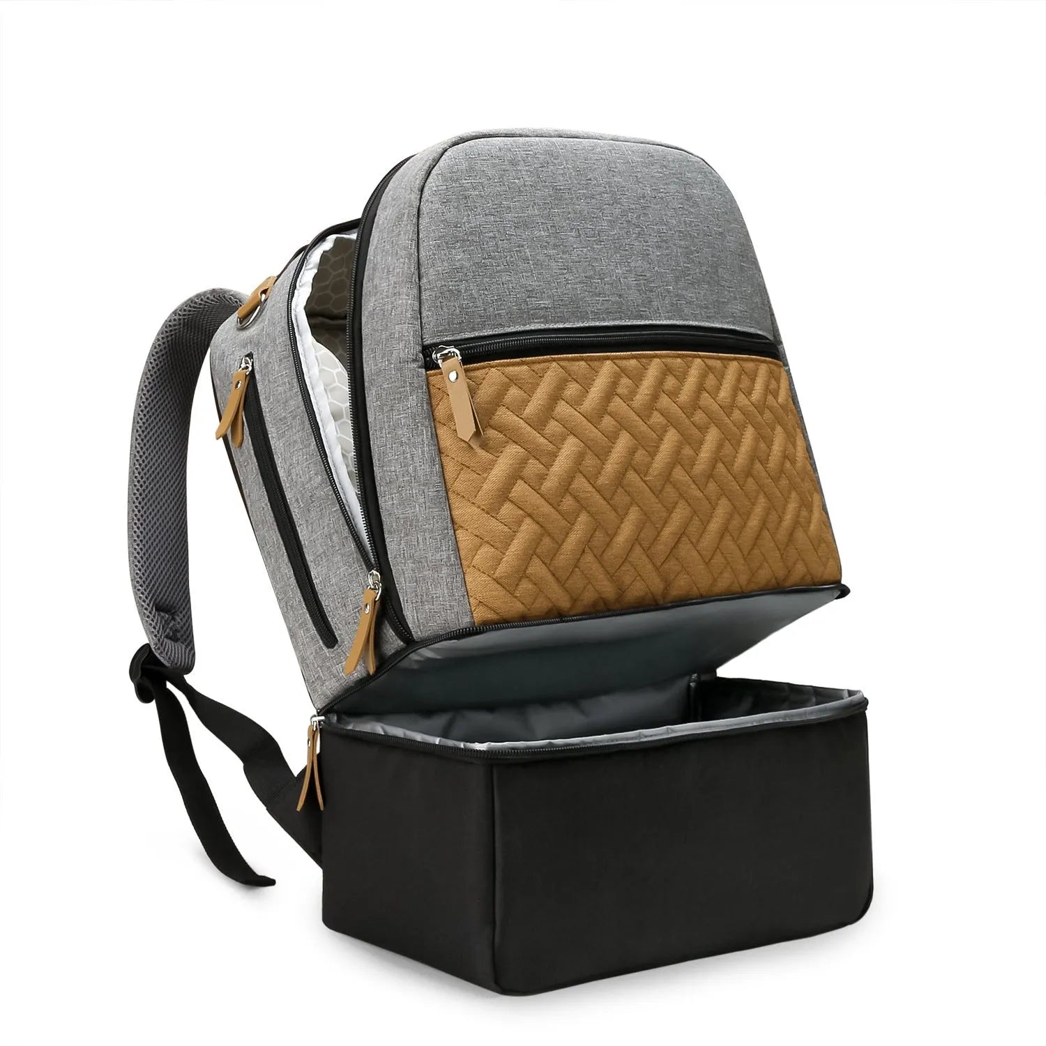 Grey insulated mother and child travel mummy backpack with curved shoulder straps and multiple compartments