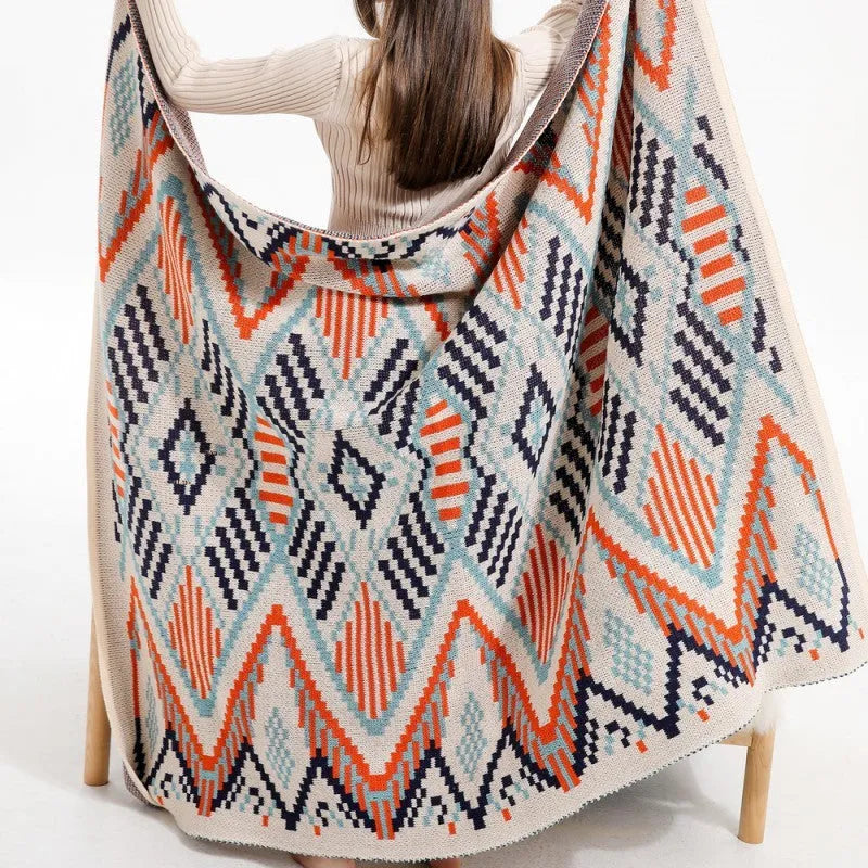 Bohemian-style acrylic sofa cover blanket with tassel fringe in geometric pattern