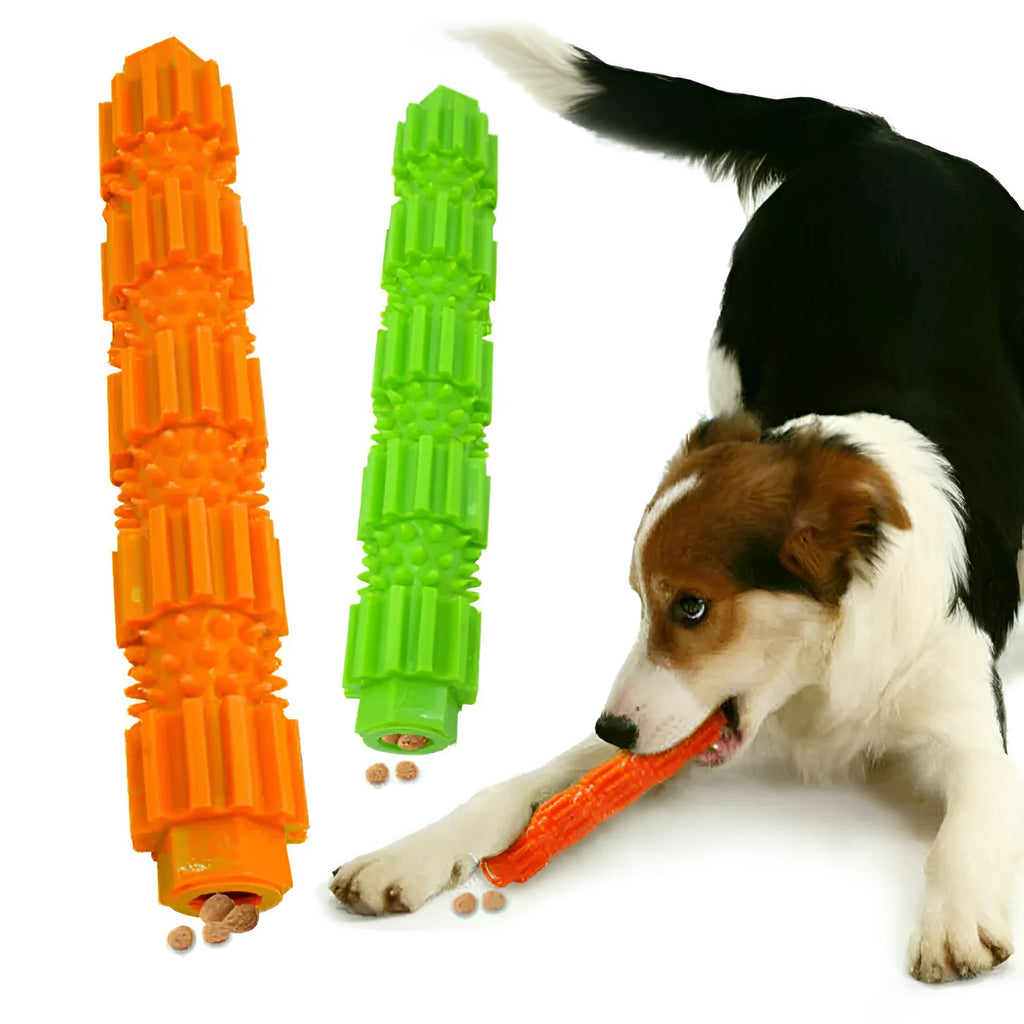 Green and orange natural rubber dog chew toy with treat dispensing hole
