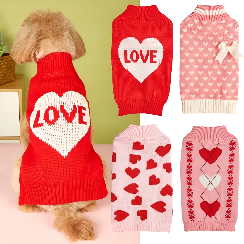Red love heart design on a pink acrylic dog sweater for a small dog.