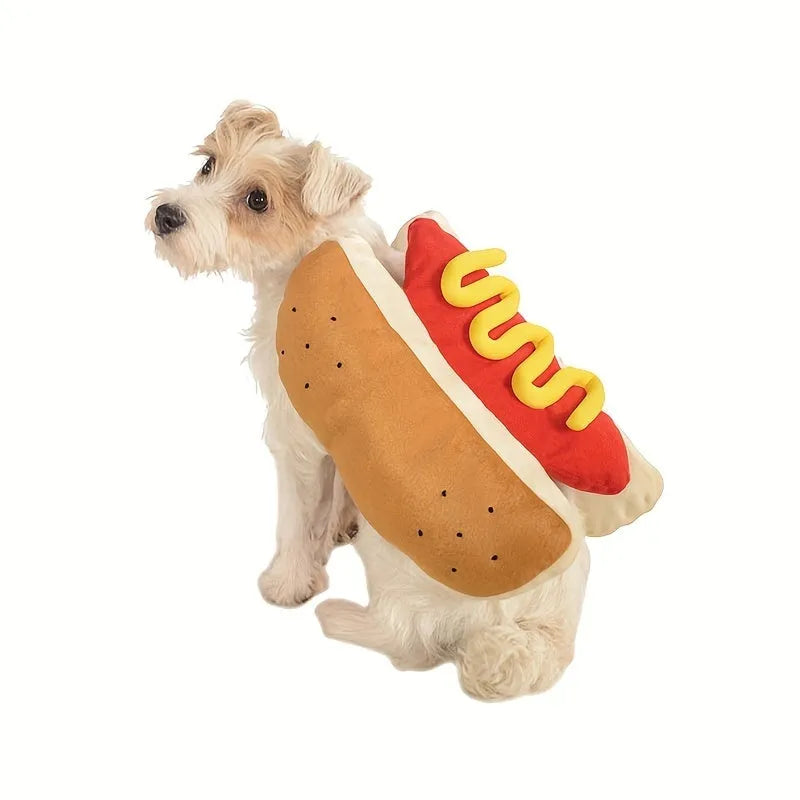 Funny hot dog costume for small dog with elastic belly strap and hook-and-loop fastener