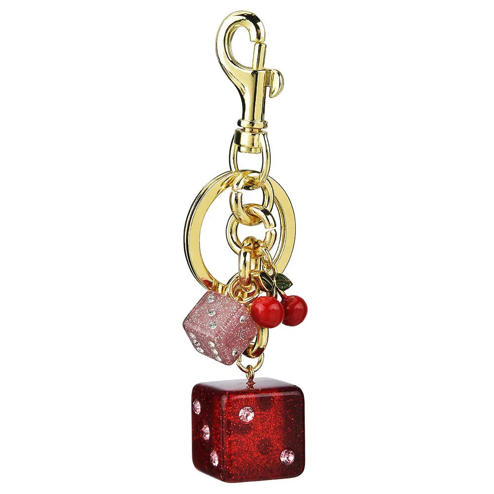 Square metal dice keychain pendant with cherry two-tone electroplated finish