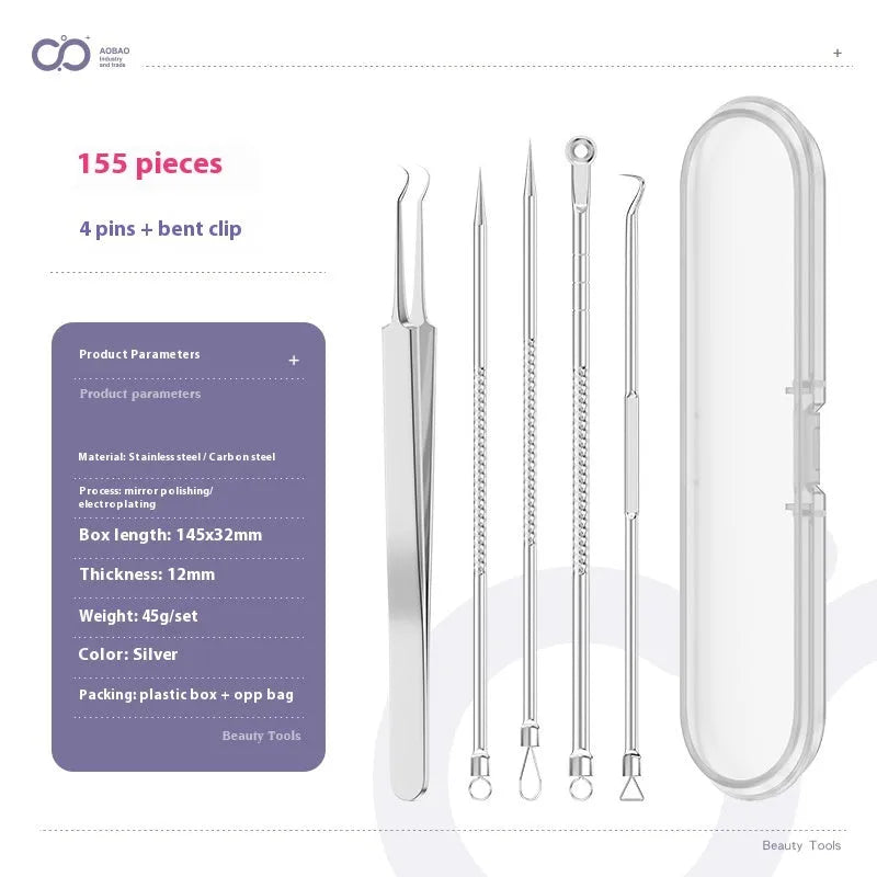 4-piece metal acne needle set with ultra fine pointed tips on silver background