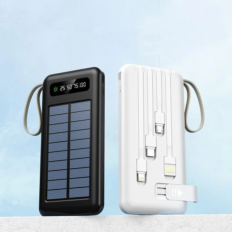 Solar power bank in black or white with solar panel, showing 20000mA or 30000mA capacity.