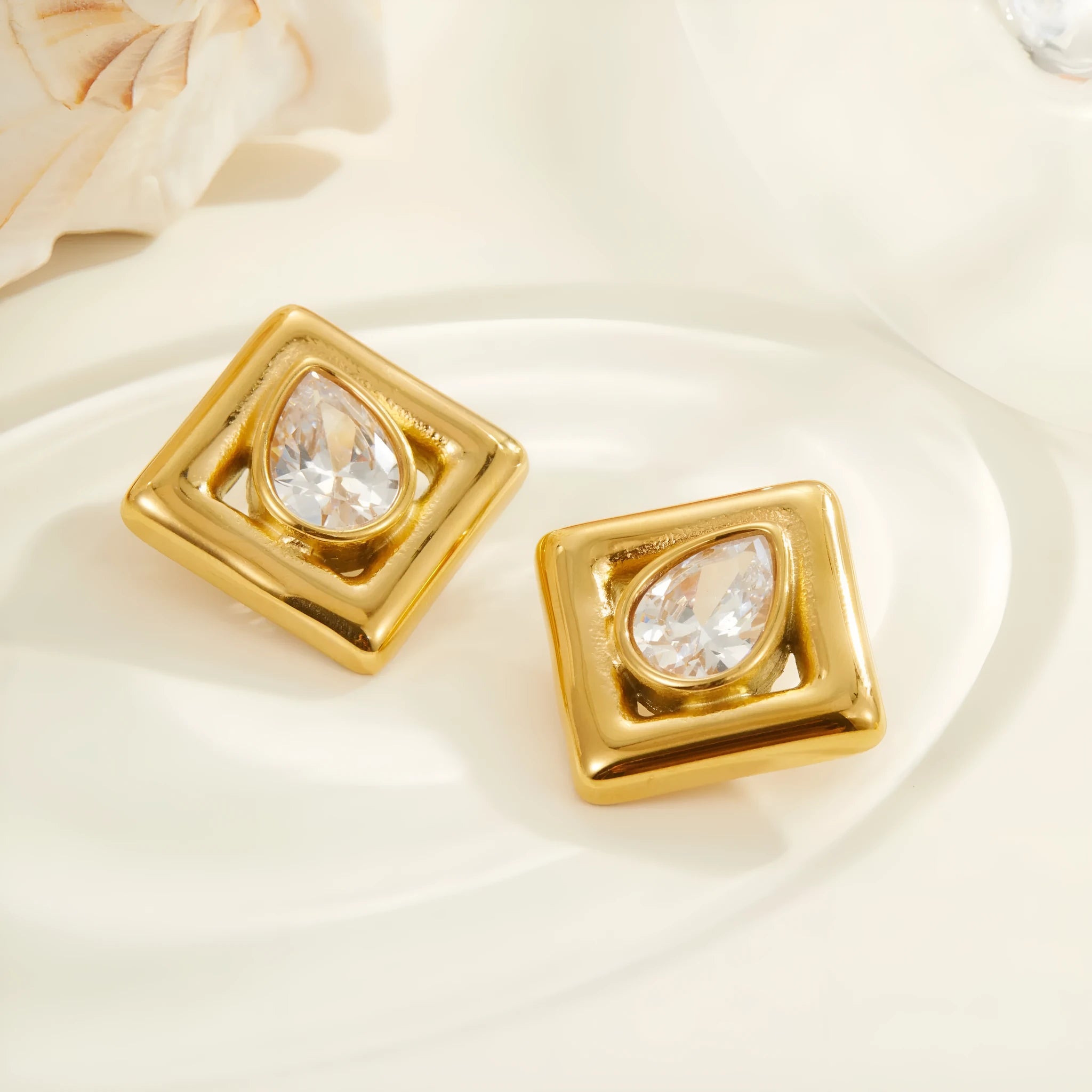 Gold geometric water drop zircon stud earrings with 18K electroplated finish