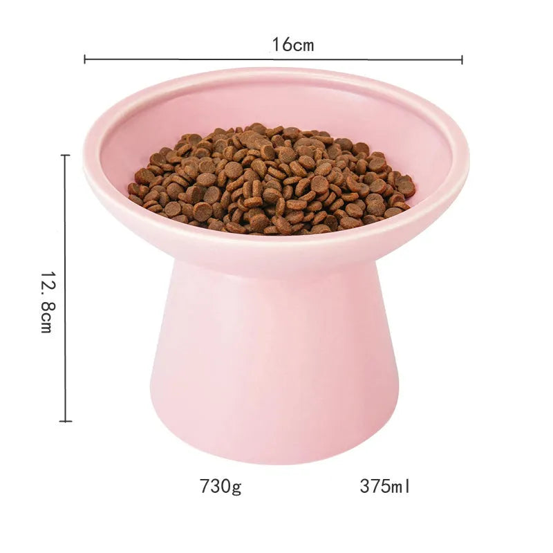 Wide shallow blue elevated ceramic bowl for cat food and water on a floor