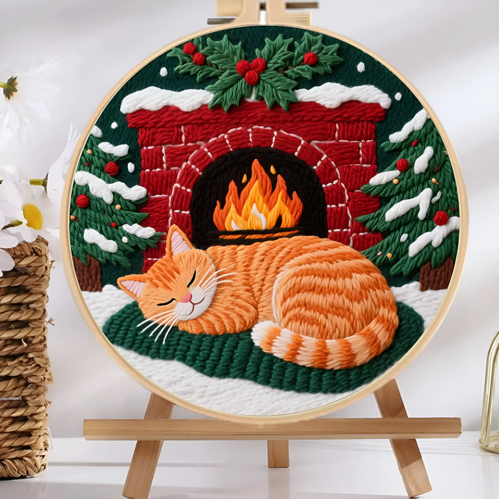 Embroidery material kit with cotton linen fabric featuring autumn fruit design, imitation bamboo hoop, and scissors.