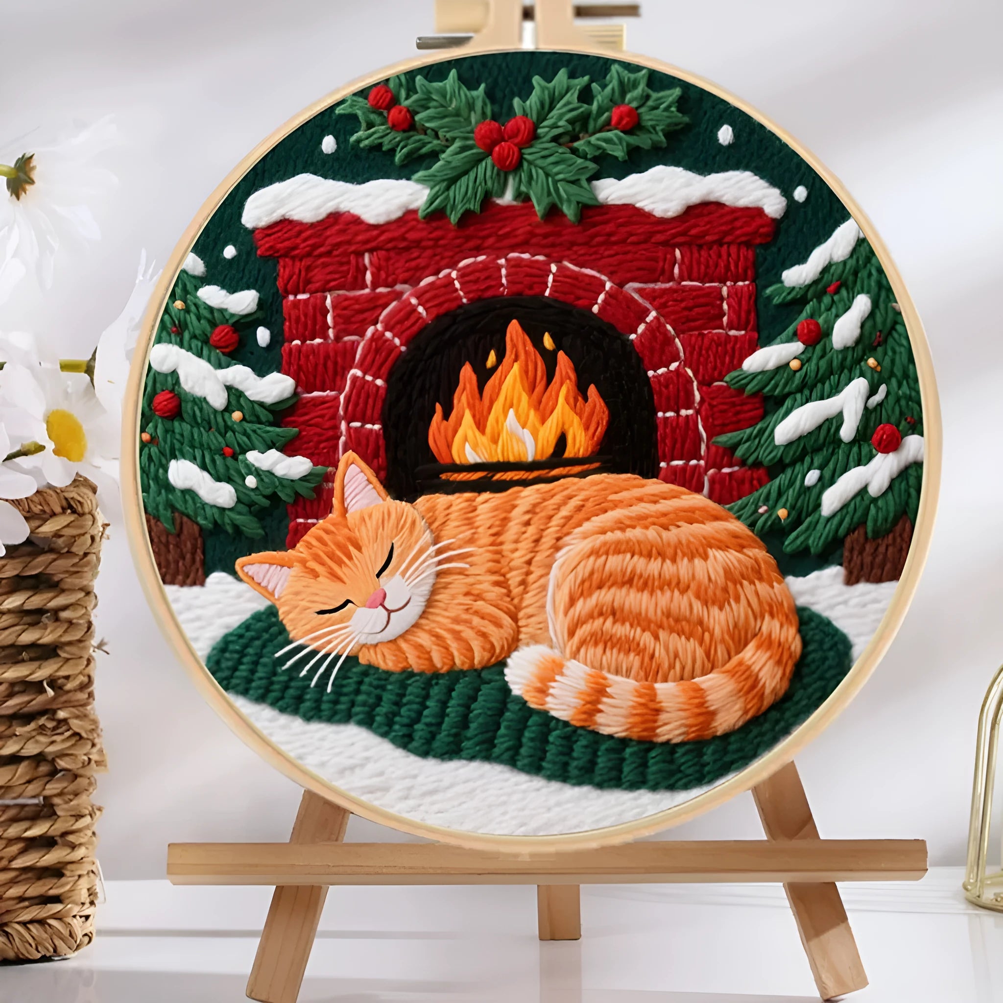 Embroidery material kit with cotton linen fabric featuring autumn fruit design, imitation bamboo hoop, and scissors.