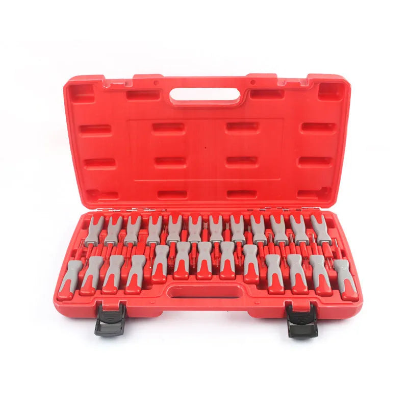 25-piece car terminal removal tool kit with needles and keys for harness disassembly in a storage case.