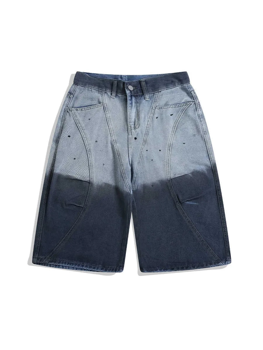 Blue tie-dye gradient cropped jeans with washed-out finish and loose fit