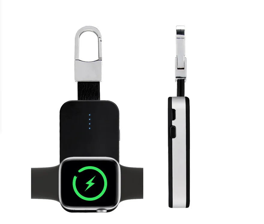 Black Apple Watch keychain power bank showing portable wireless charger dimensions