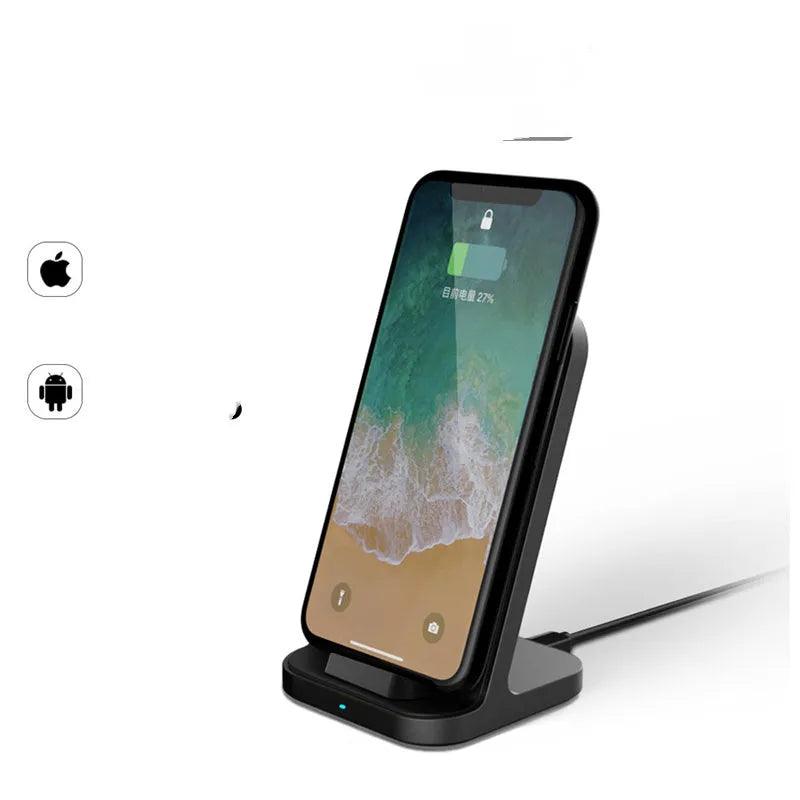 Dark grey vertical wireless charging stand for Apple iPhone on desktop