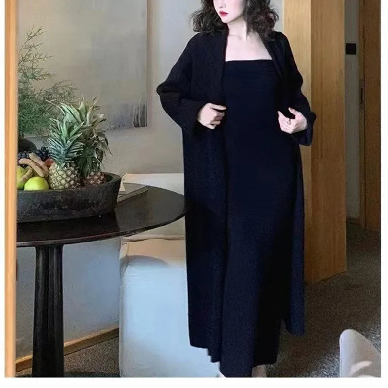 Women's grey knitted cardigan and long skirt dress two-piece suit set